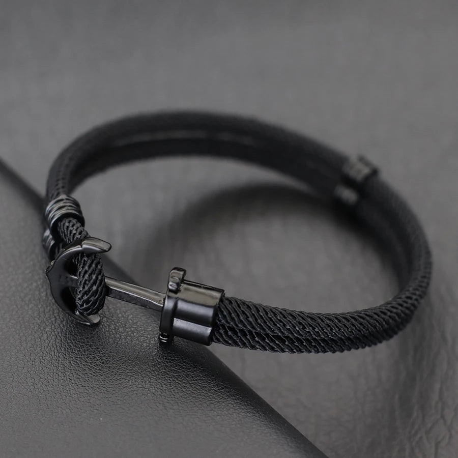 New Fashion Black Marine Anchor Bracelet For Men 4mm Bilayer Milan Rope Nautical Wrap Braclet Gifts For Him Surfing Accessories