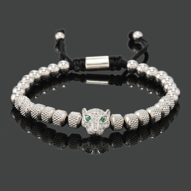 Luxury Royal Black Leopard Head Man Bracelet Stainless Steel Beads Hand Jewelry Big Boy Gift