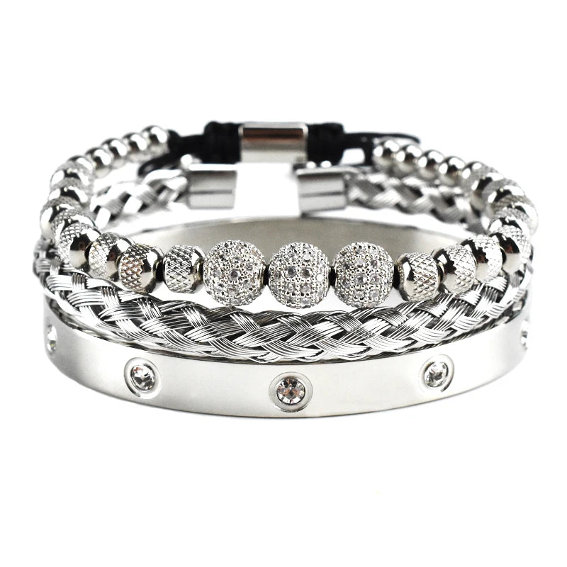 Luxury 8mm CZ Ball Charm Man Bracelet Crystal Stainless Steel Women Bangles Couple Jewelry Set Valentines Day Gift