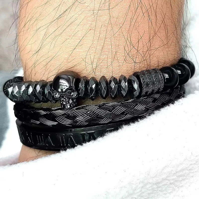 Black Stone Hematite Beads Men Skull Crown Leopard Head Handmade Bracelets Enamel Roman Bangles Hiphop Pulseras Jewelry