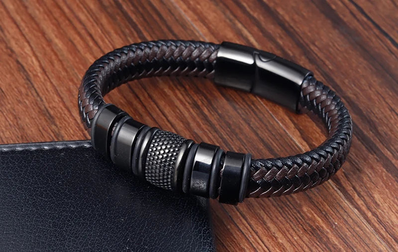 Brand Fashion Handmade Men's Leather Bracelet Trendy Classic Charm Braided Wrap Stainless Steel Bracelets Punk Bangles