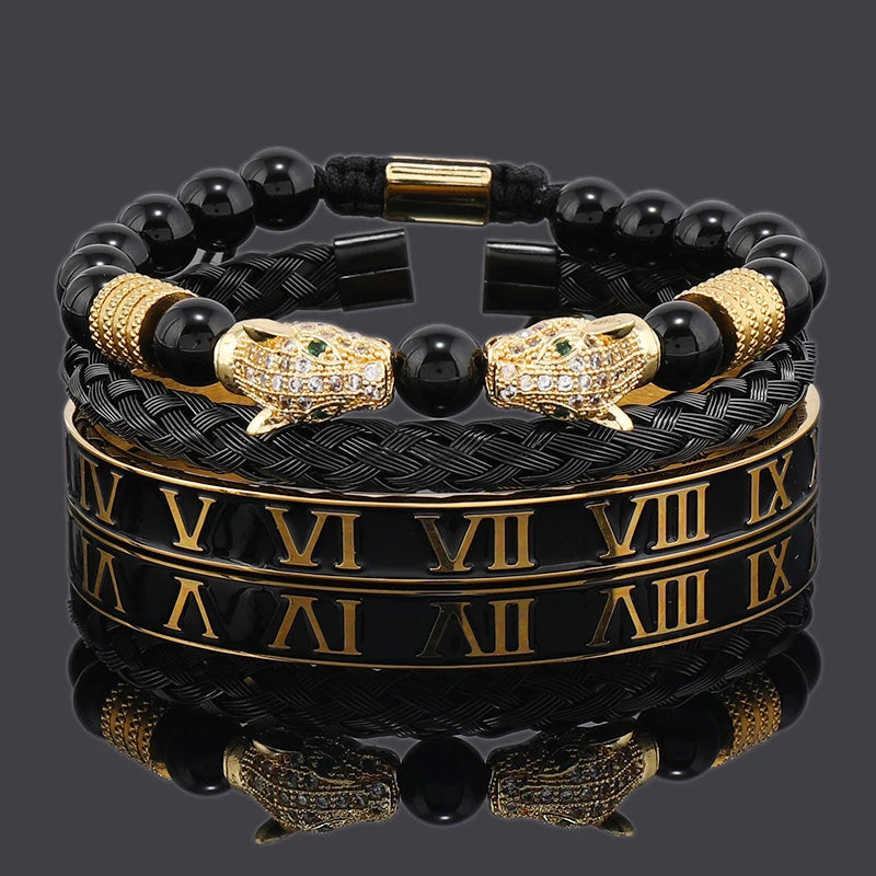 Luxury Black Stone Beads Leopard Head Man Bracelet Enamel Stainless Steel Roman Bangles Women Jewelry Set