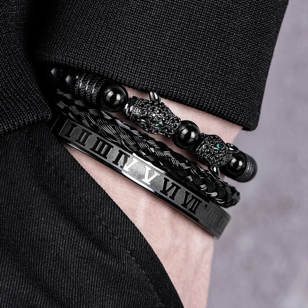 3PCS Mens Premium Black Agate Beaded Bracelet Set - Double Leopard Head, Roman Numerals, Adjustable Braided Design Bracelets