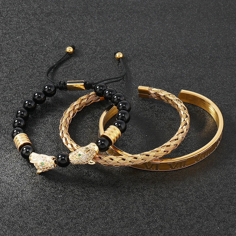 Luxury Black Stone Beads Leopard Head Man Bracelet Enamel Stainless Steel Roman Bangles Women Jewelry Set