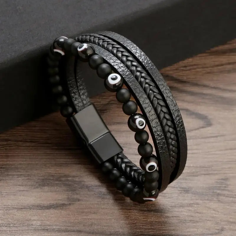 Jiayiqi New Design Punk Leather Bracelet Men Fashion Beaded Multi-Layer Leather Bracelet For Men New Year Jewelry Gift