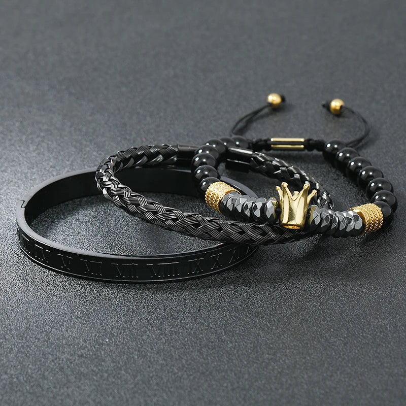 Black Stone Hematite Beads Men Skull Crown Leopard Head Handmade Bracelets Enamel Roman Bangles Hiphop Pulseras Jewelry