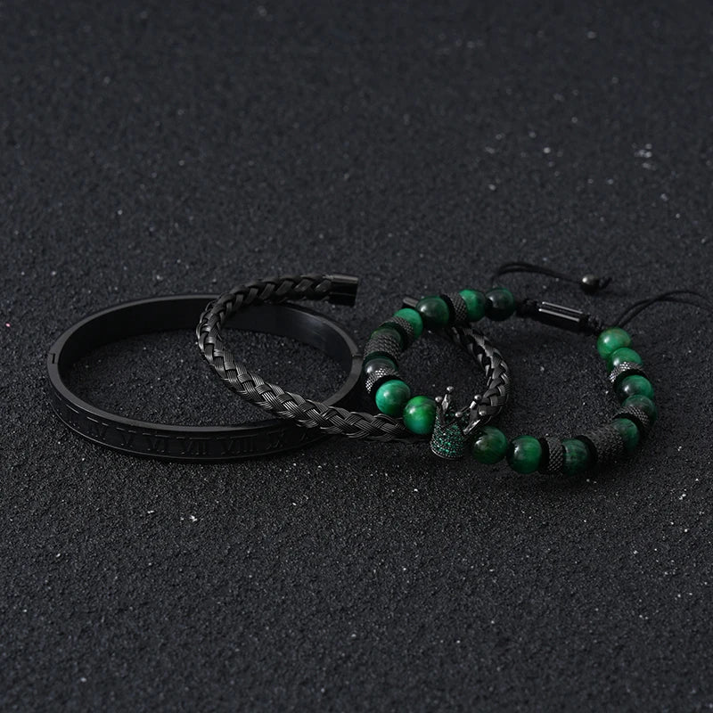 Luxury Set Tiger Stone Beads Crown Charms Man Bracelet Black Roman Stainless Steel Bangles Women Jewelry All Hallows’ Day Gift