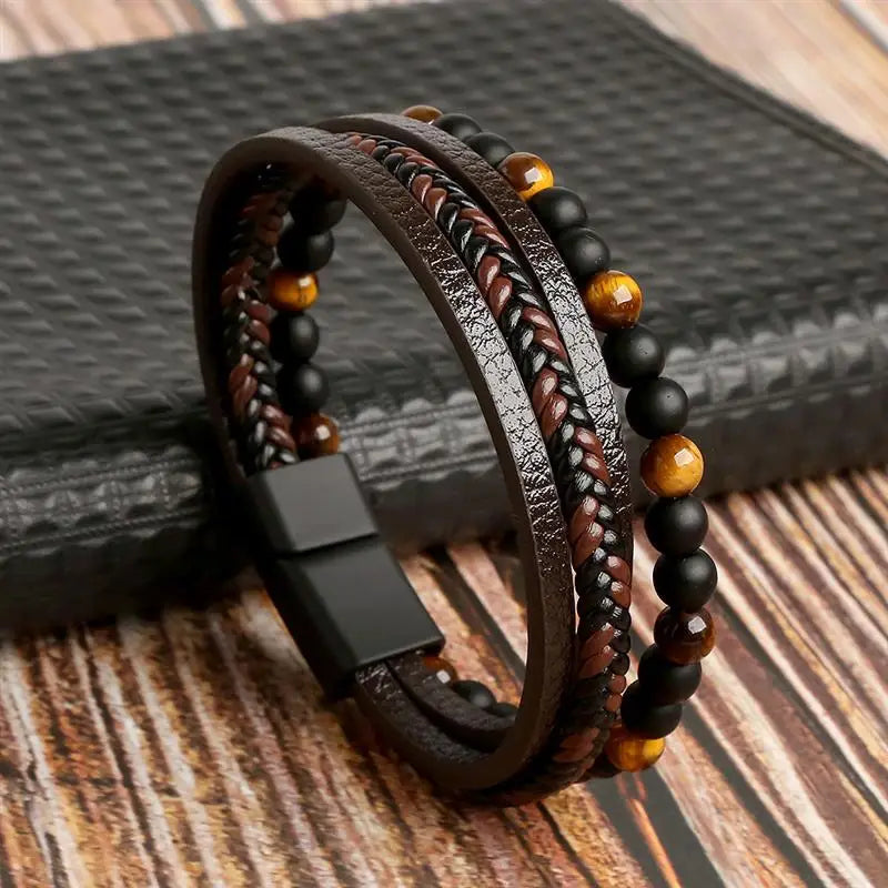 Jiayiqi New Design Punk Leather Bracelet Men Fashion Beaded Multi-Layer Leather Bracelet For Men New Year Jewelry Gift