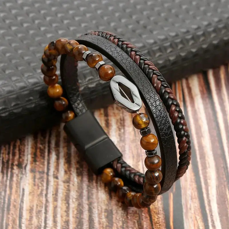 Jiayiqi New Design Punk Leather Bracelet Men Fashion Beaded Multi-Layer Leather Bracelet For Men New Year Jewelry Gift