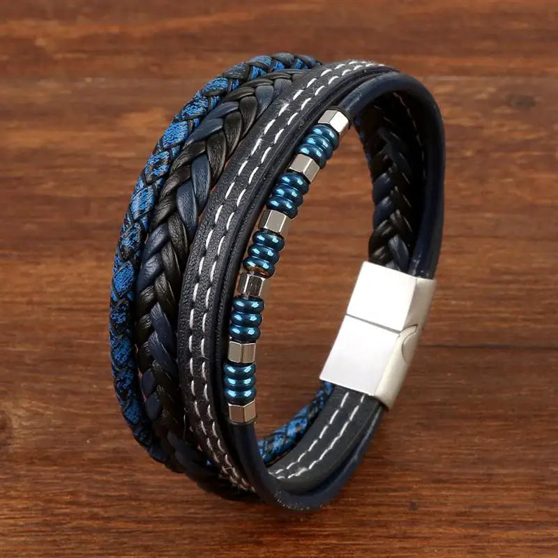 Jiayiqi New Design Punk Leather Bracelet Men Fashion Beaded Multi-Layer Leather Bracelet For Men New Year Jewelry Gift
