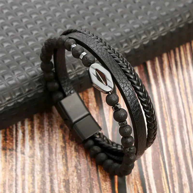 Jiayiqi New Design Punk Leather Bracelet Men Fashion Beaded Multi-Layer Leather Bracelet For Men New Year Jewelry Gift