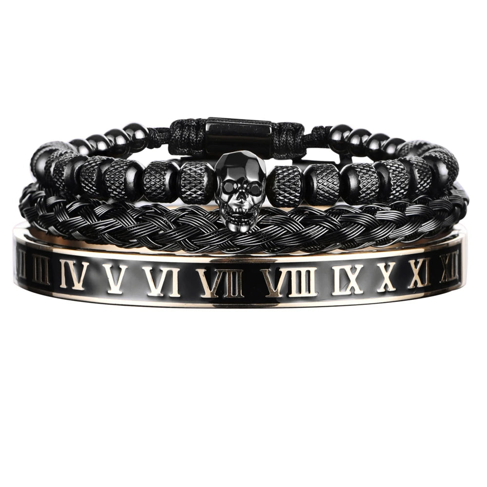Luxury 3pcs/Set Skull Charm Black Bracelet Stainless Steel Men Enamel Roman Number Bangles Europe Fashion Couple Jewelry