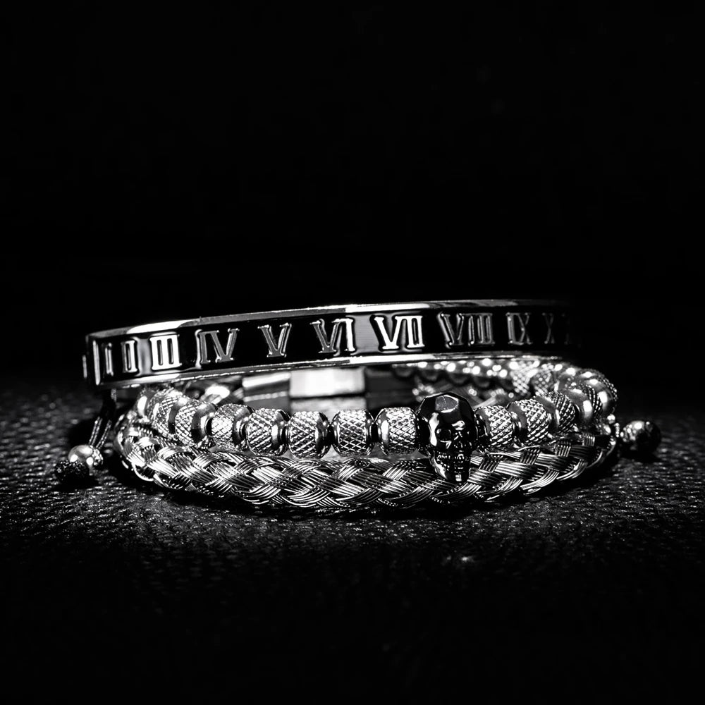 Luxury 3pcs/Set Skull Charm Black Bracelet Stainless Steel Men Enamel Roman Number Bangles Europe Fashion Couple Jewelry