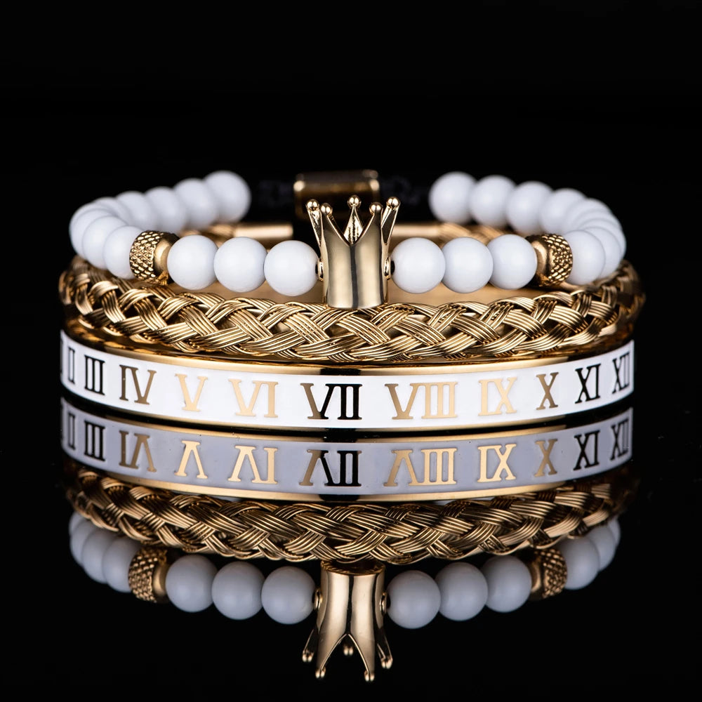 Luxury Set Crown Charm Gold Color Skull Bracelet Stainless Steel Men Black Enamel Roman Number Bangles Europe Couple Jewelry