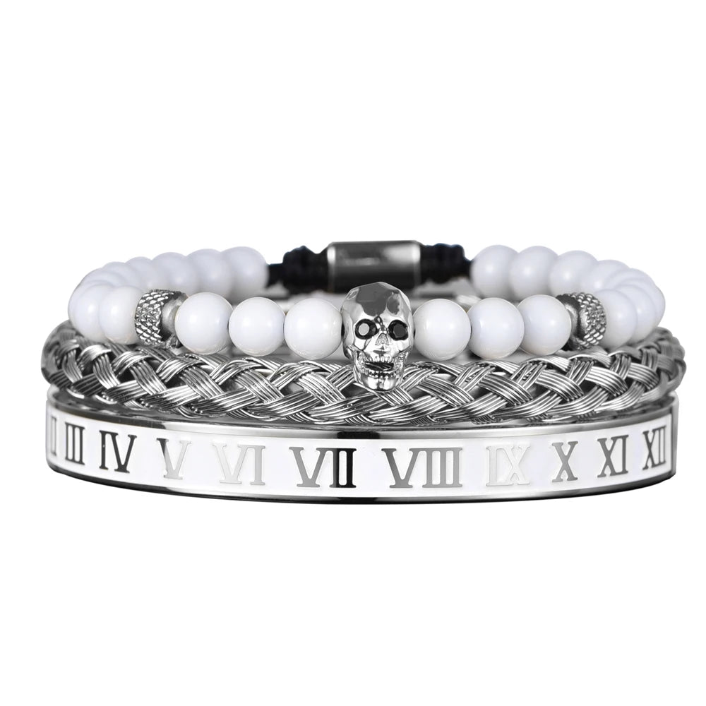 Luxury Set Crown Charm Gold Color Skull Bracelet Stainless Steel Men Black Enamel Roman Number Bangles Europe Couple Jewelry
