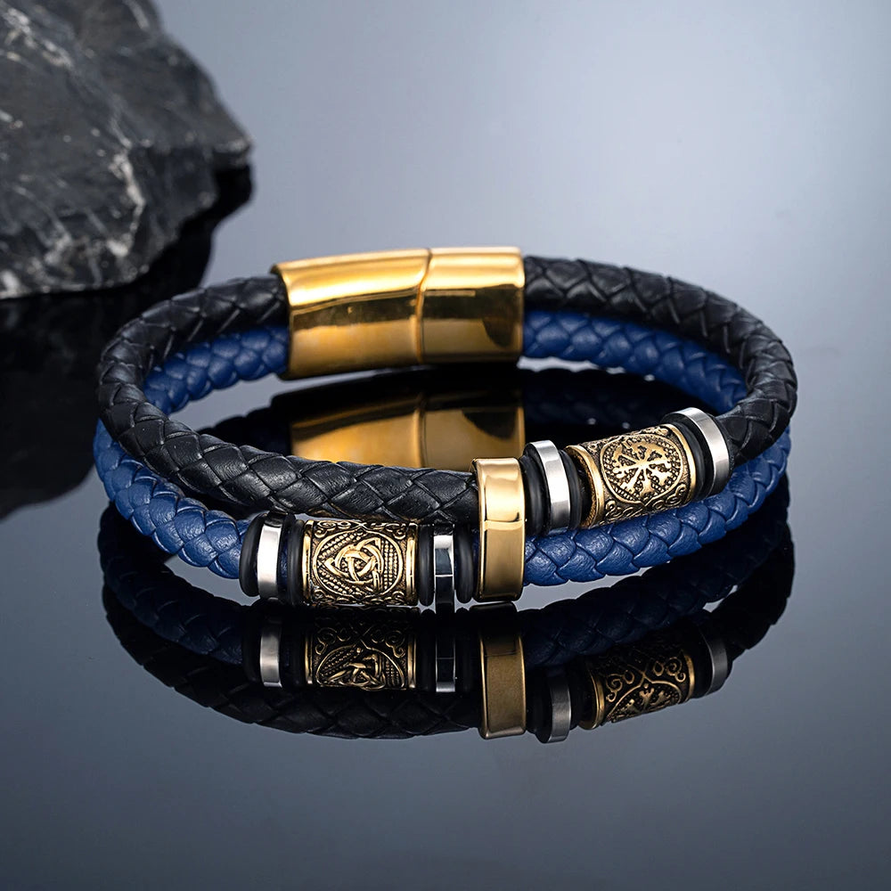 Punk Men's Genuine Leather & Stainless Steel Braided Bracelet - Viking Norse Runes Bead Bangle, Adjustable Couple Jewelry Gifts