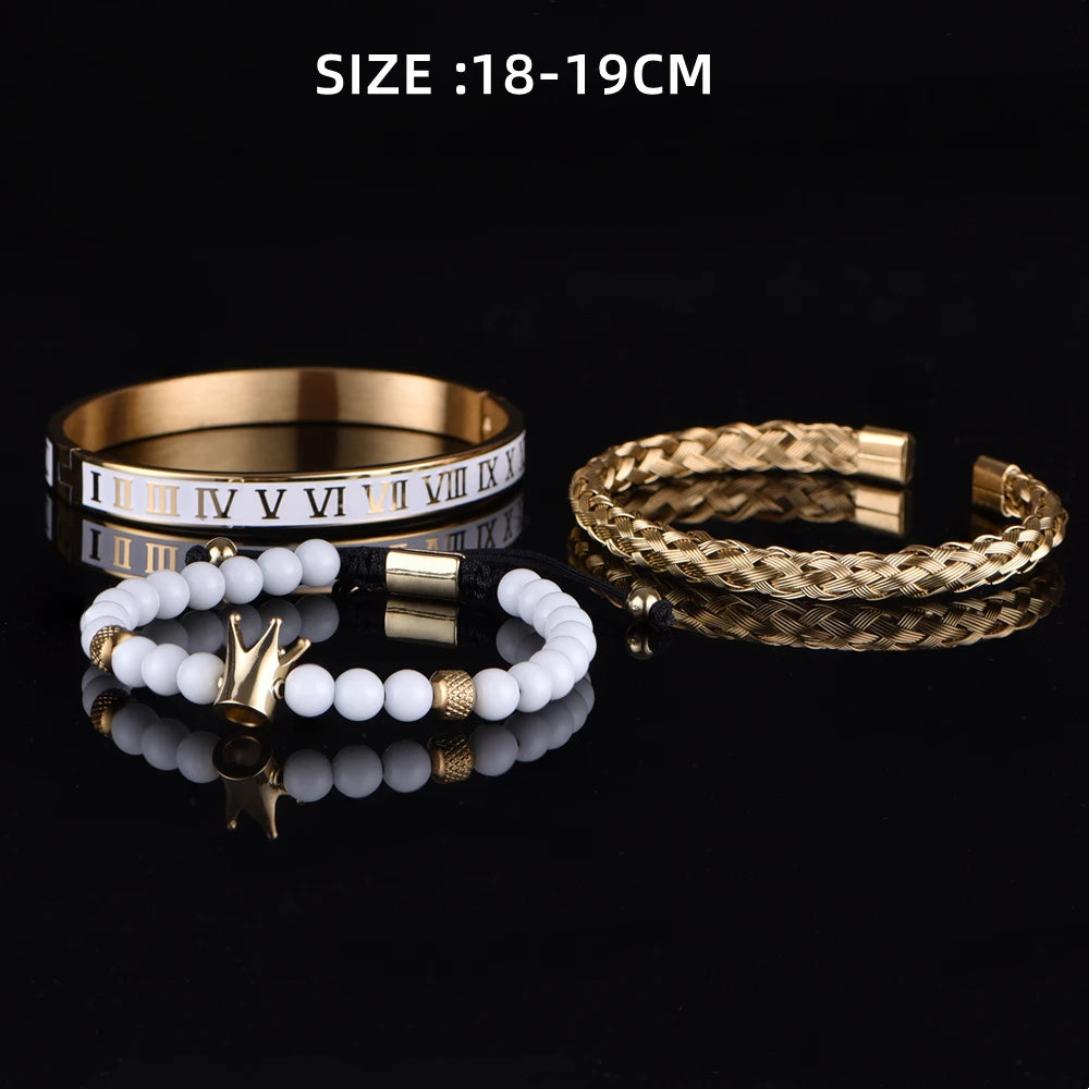 Luxury Set Crown Charm Gold Color Skull Bracelet Stainless Steel Men Black Enamel Roman Number Bangles Europe Couple Jewelry