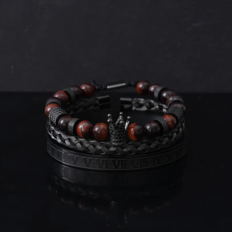 Luxury Set Tiger Stone Beads Crown Charms Man Bracelet Black Roman Stainless Steel Bangles Women Jewelry All Hallows’ Day Gift