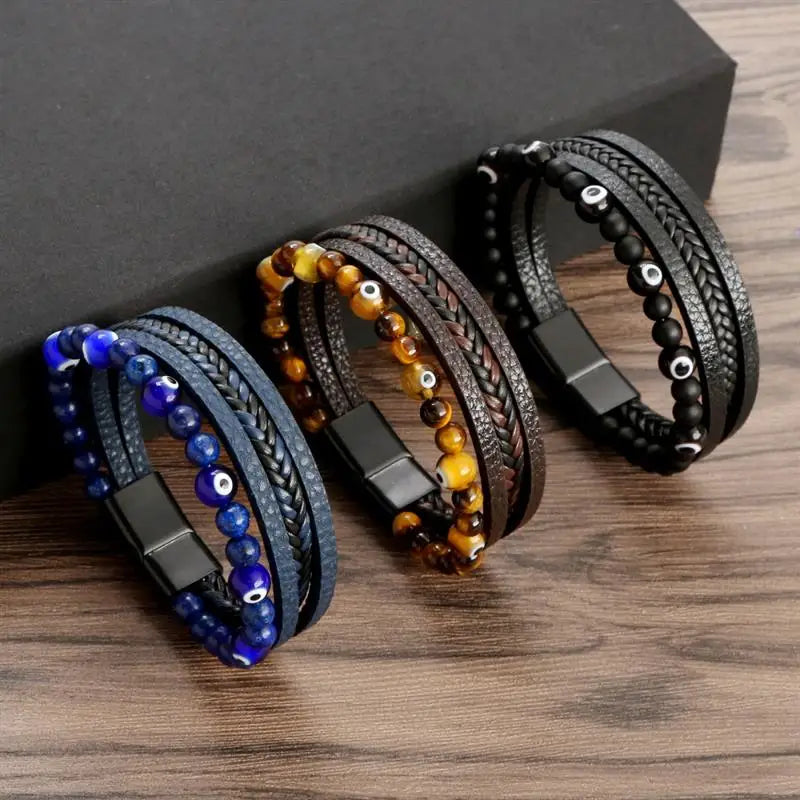 Jiayiqi New Design Punk Leather Bracelet Men Fashion Beaded Multi-Layer Leather Bracelet For Men New Year Jewelry Gift