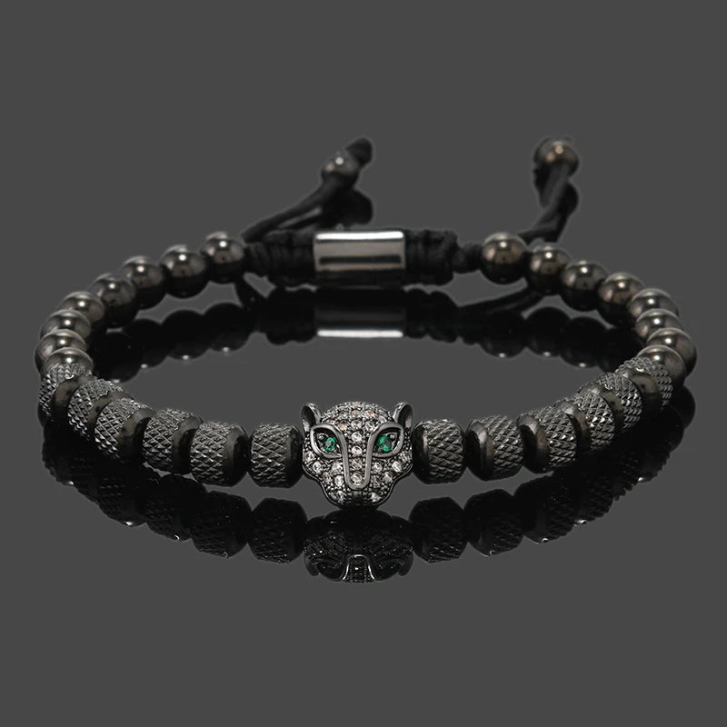 Luxury Royal Black Leopard Head Man Bracelet Stainless Steel Beads Hand Jewelry Big Boy Gift