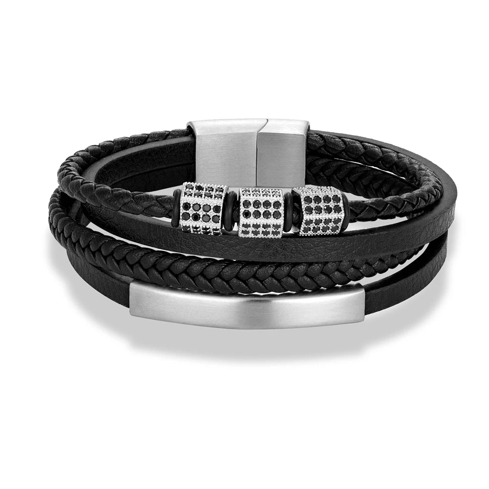 MKENDN Luxury Cubic Zircon Leather Braided Stainless Steel Magnetic Buckle Bracelet for Man Woman Daily Wear Jewelry Gift
