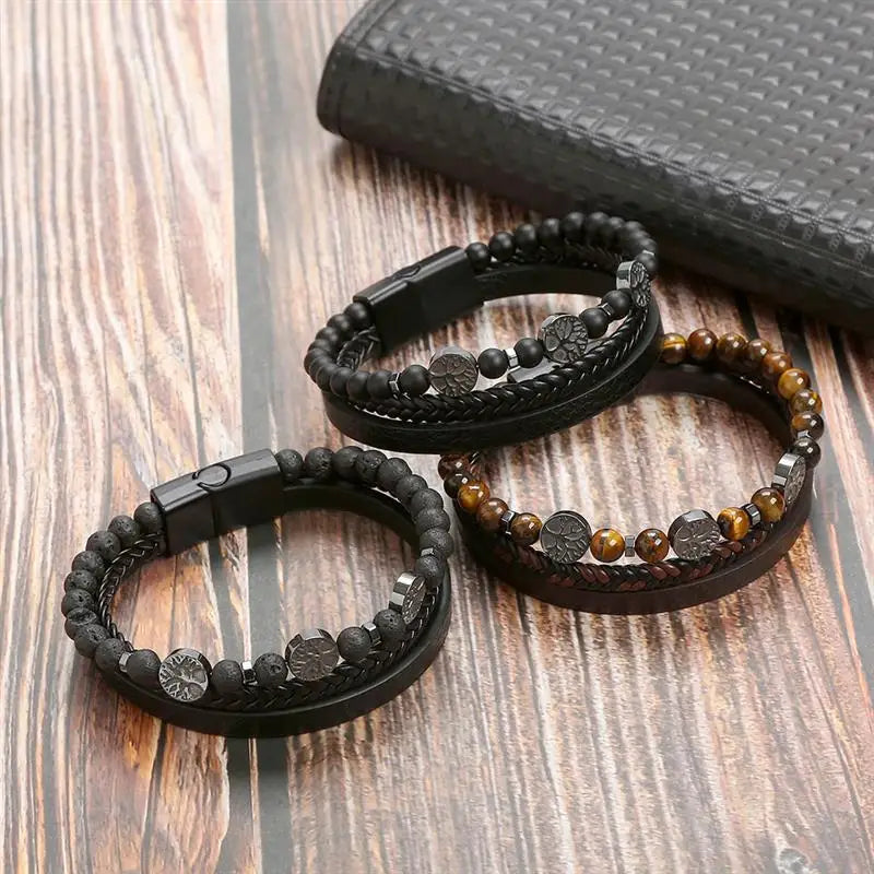 Jiayiqi New Design Punk Leather Bracelet Men Fashion Beaded Multi-Layer Leather Bracelet For Men New Year Jewelry Gift