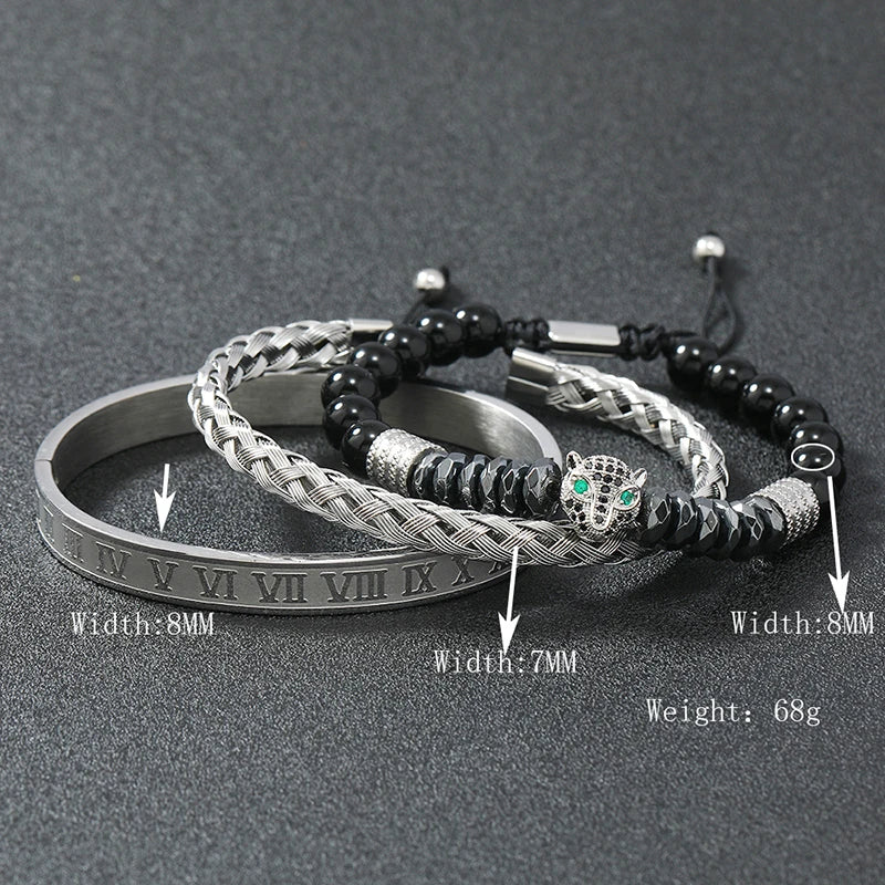 Black Stone Hematite Beads Men Skull Crown Leopard Head Handmade Bracelets Enamel Roman Bangles Hiphop Pulseras Jewelry