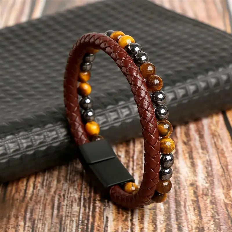 Jiayiqi New Design Punk Leather Bracelet Men Fashion Beaded Multi-Layer Leather Bracelet For Men New Year Jewelry Gift