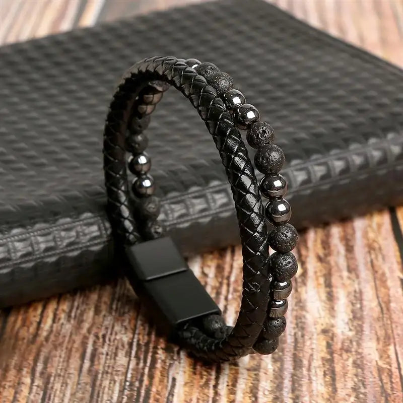Jiayiqi New Design Punk Leather Bracelet Men Fashion Beaded Multi-Layer Leather Bracelet For Men New Year Jewelry Gift