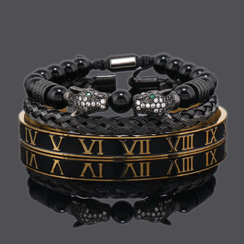 Luxury Black Stone Beads Leopard Head Man Bracelet Enamel Stainless Steel Roman Bangles Women Jewelry Set