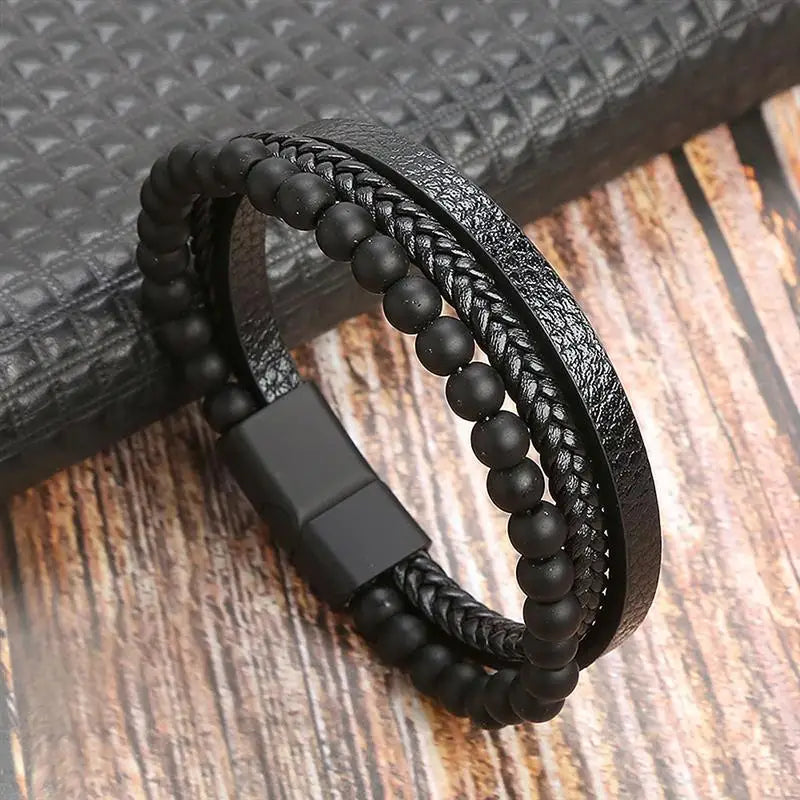 Jiayiqi New Design Punk Leather Bracelet Men Fashion Beaded Multi-Layer Leather Bracelet For Men New Year Jewelry Gift