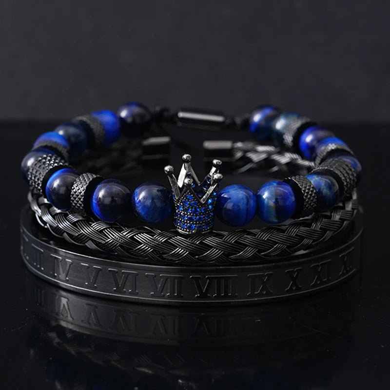 Luxury Set Tiger Stone Beads Crown Charms Man Bracelet Black Roman Stainless Steel Bangles Women Jewelry All Hallows’ Day Gift