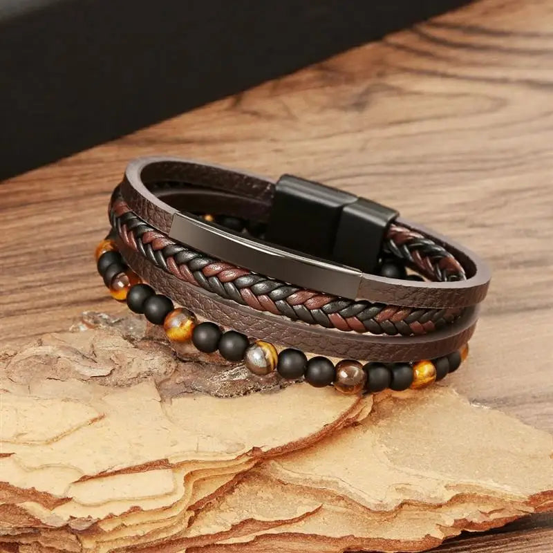 Jiayiqi New Design Punk Leather Bracelet Men Fashion Beaded Multi-Layer Leather Bracelet For Men New Year Jewelry Gift