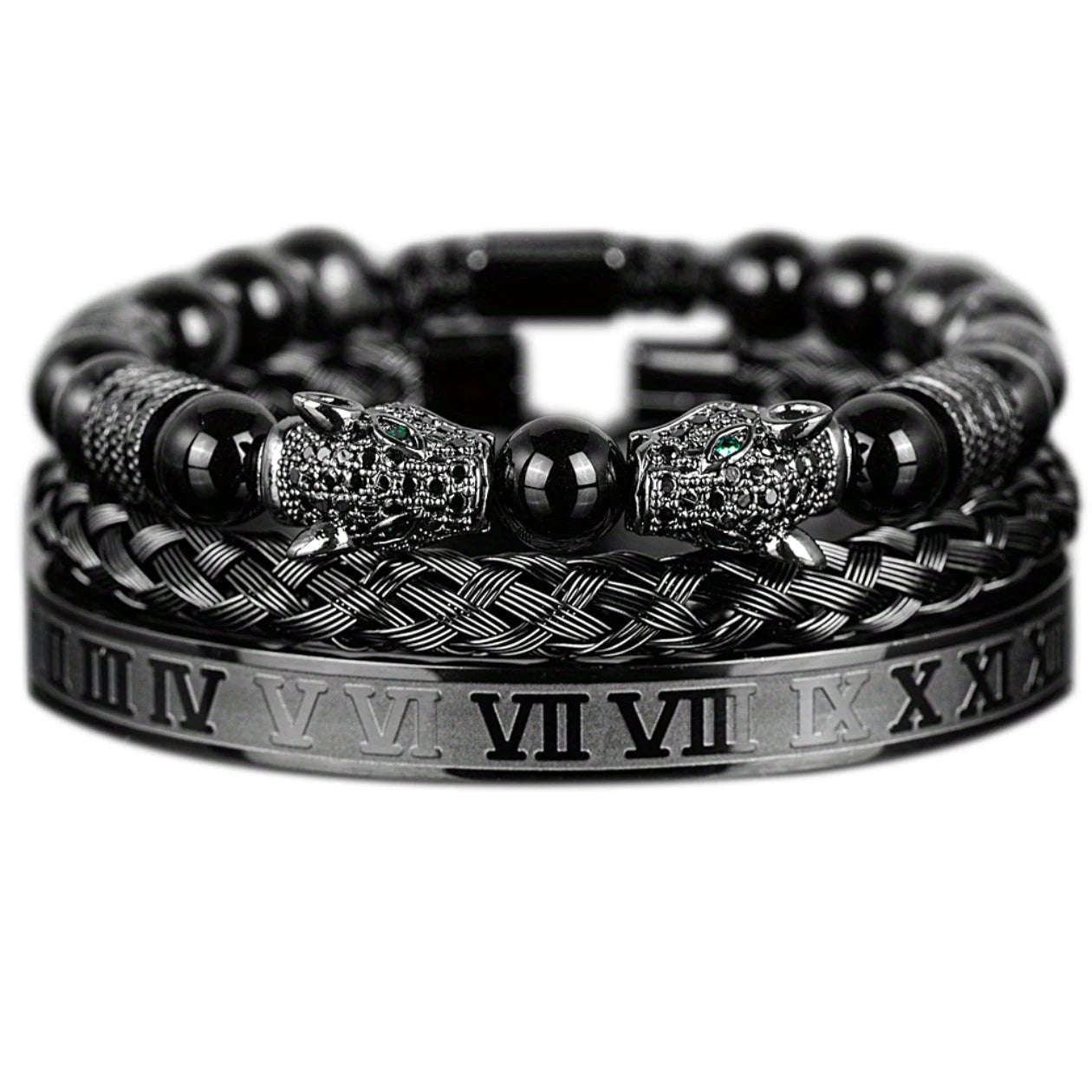 3PCS Mens Premium Black Agate Beaded Bracelet Set - Double Leopard Head, Roman Numerals, Adjustable Braided Design Bracelets