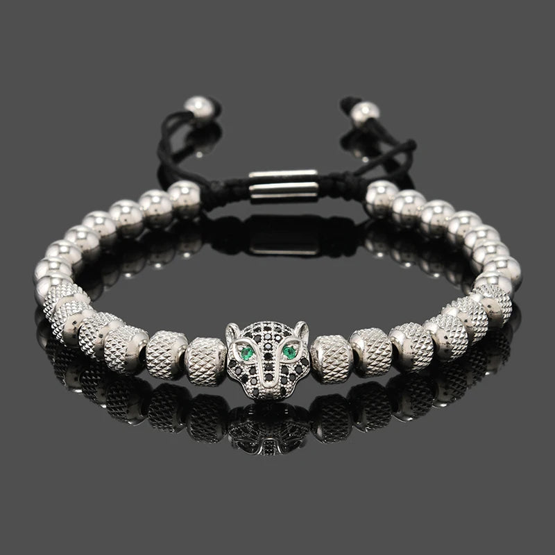 Luxury Royal Black Leopard Head Man Bracelet Stainless Steel Beads Hand Jewelry Big Boy Gift