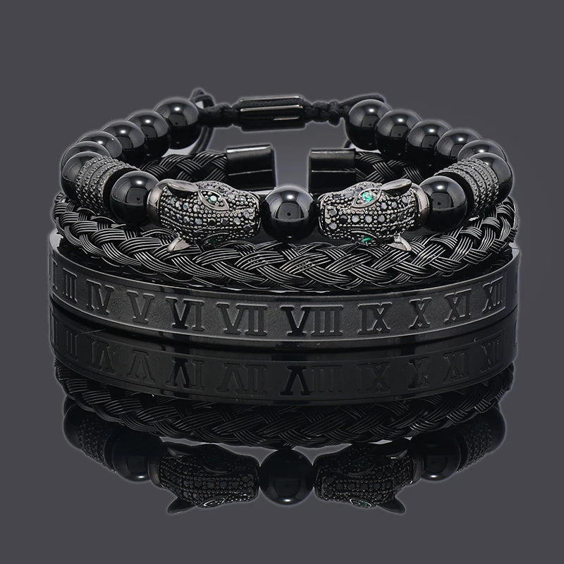 Luxury Black Stone Beads Leopard Head Man Bracelet Enamel Stainless Steel Roman Bangles Women Jewelry Set