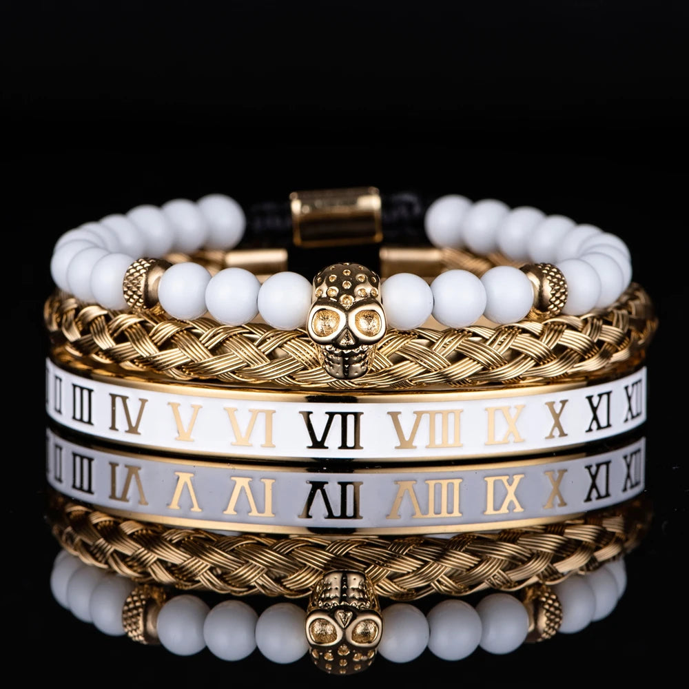 Luxury Set Crown Charm Gold Color Skull Bracelet Stainless Steel Men Black Enamel Roman Number Bangles Europe Couple Jewelry