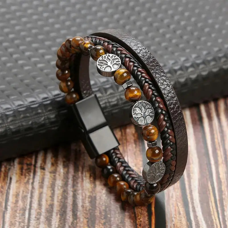 Jiayiqi New Design Punk Leather Bracelet Men Fashion Beaded Multi-Layer Leather Bracelet For Men New Year Jewelry Gift