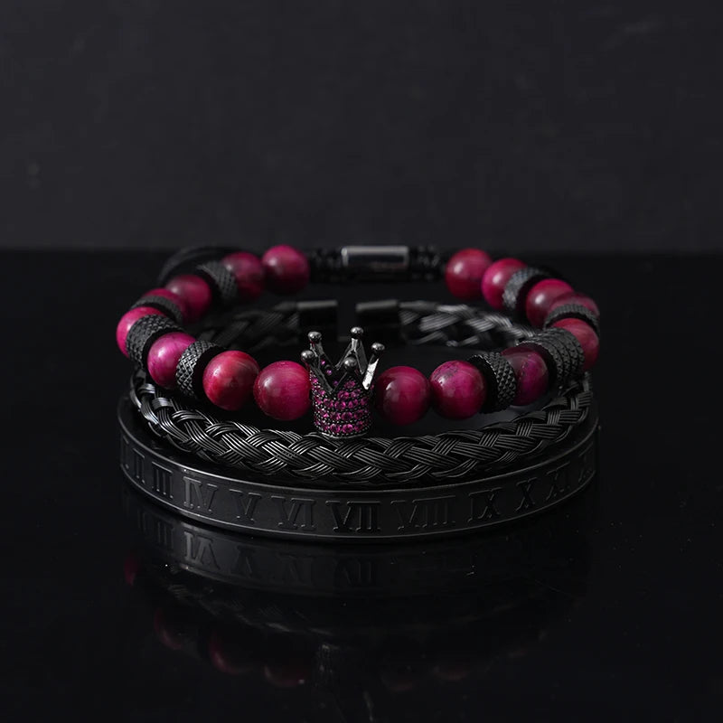 Luxury Set Tiger Stone Beads Crown Charms Man Bracelet Black Roman Stainless Steel Bangles Women Jewelry All Hallows’ Day Gift