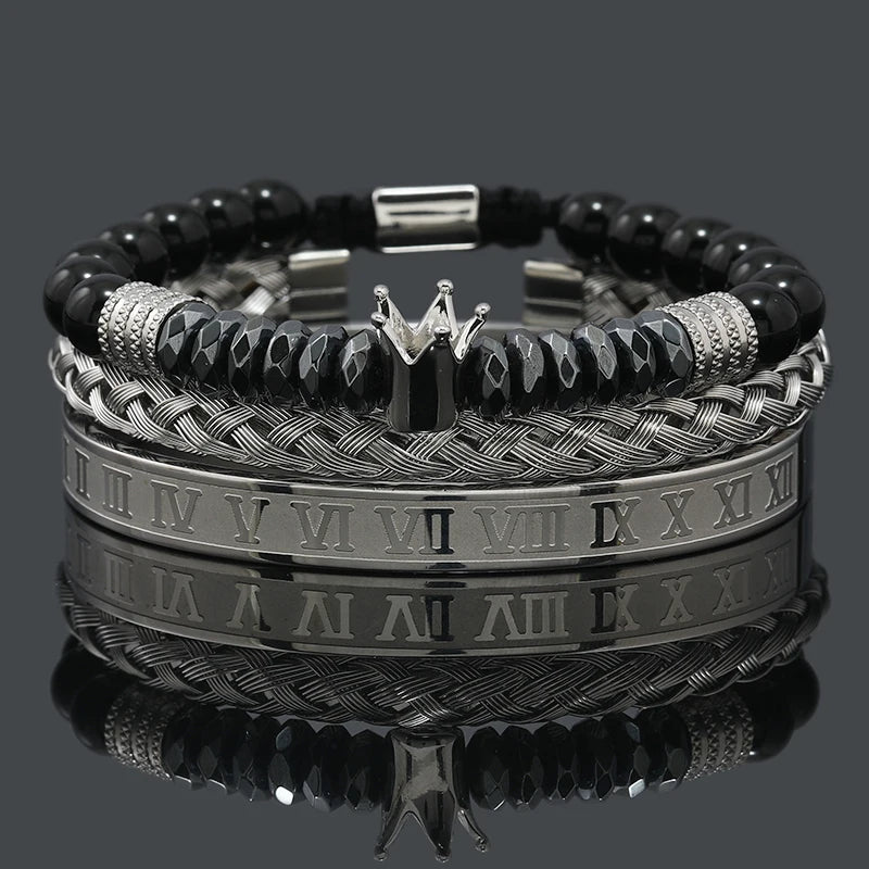 Black Stone Hematite Beads Men Skull Crown Leopard Head Handmade Bracelets Enamel Roman Bangles Hiphop Pulseras Jewelry