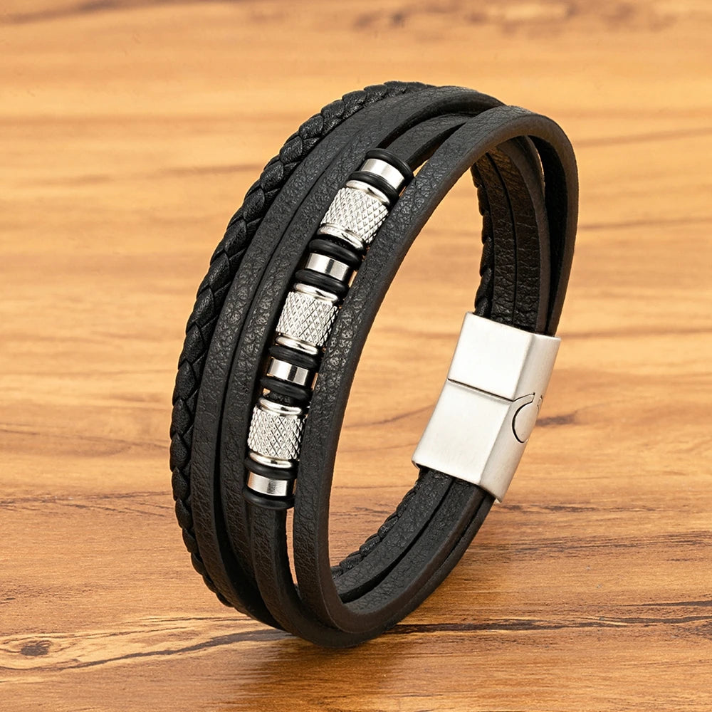 XQNI Fashion Handmade Multi-Layer Leather Bracelets for Men Women Wristband Stainless Steel Button Bangle Accessories Jewelry