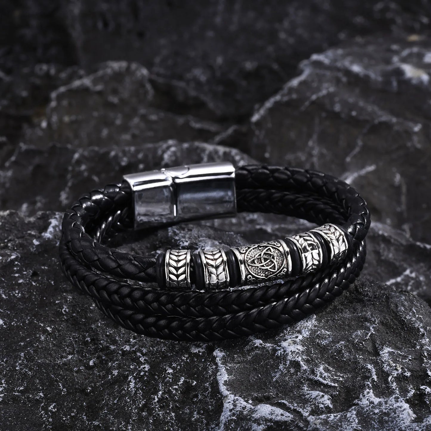 Mprainbow Mens Celtic Knot Charm Bracelets,3 Layers Black Braided Leather Rope Chain Wristband, Ethnic Gifts for Him Jewelry