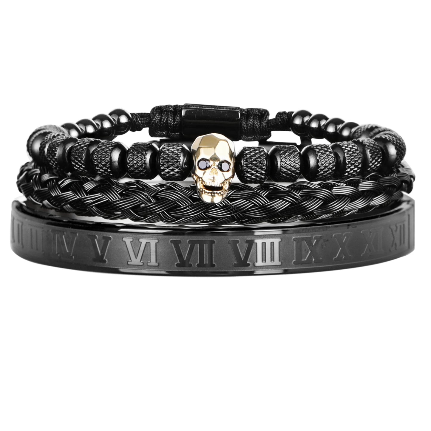 Luxury 3pcs/Set Skull Charm Black Bracelet Stainless Steel Men Enamel Roman Number Bangles Europe Fashion Couple Jewelry