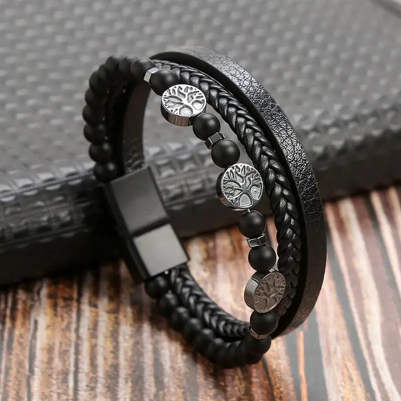 Jiayiqi New Design Punk Leather Bracelet Men Fashion Beaded Multi-Layer Leather Bracelet For Men New Year Jewelry Gift