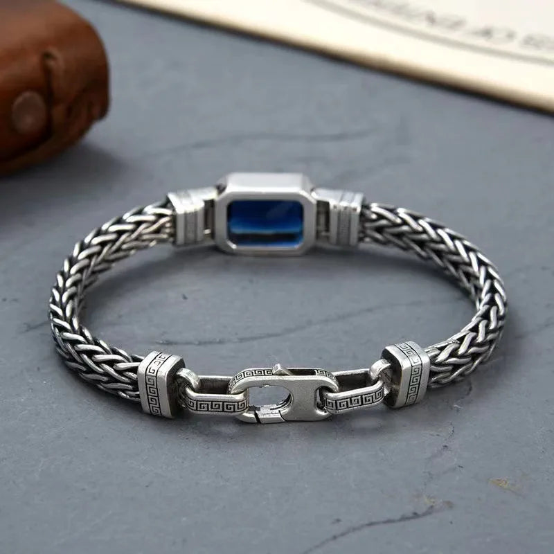 S925 Sterling Silver Couple Style Hand-Knitted Bracelet Old Vintage Stone Men Personalized Versatile 5MM Chain Fashion Jewelry