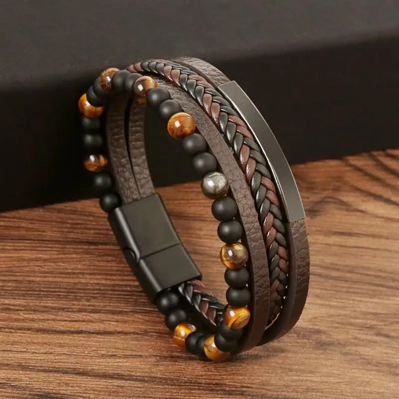 Jiayiqi New Design Punk Leather Bracelet Men Fashion Beaded Multi-Layer Leather Bracelet For Men New Year Jewelry Gift