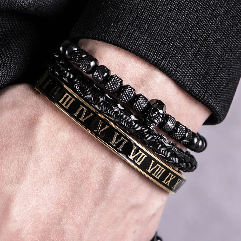 Luxury 3pcs/Set Skull Charm Black Bracelet Stainless Steel Men Enamel Roman Number Bangles Europe Fashion Couple Jewelry