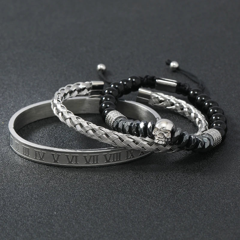 Black Stone Hematite Beads Men Skull Crown Leopard Head Handmade Bracelets Enamel Roman Bangles Hiphop Pulseras Jewelry