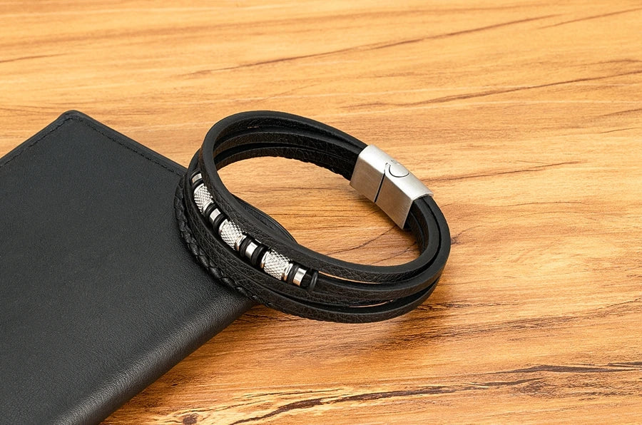 XQNI Fashion Handmade Multi-Layer Leather Bracelets for Men Women Wristband Stainless Steel Button Bangle Accessories Jewelry