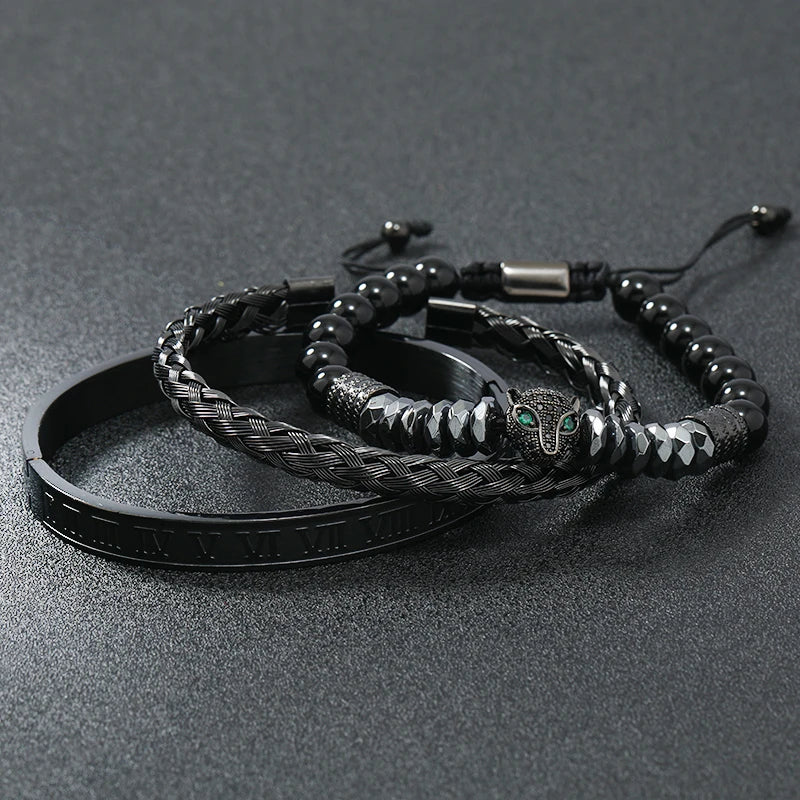 Black Stone Hematite Beads Men Skull Crown Leopard Head Handmade Bracelets Enamel Roman Bangles Hiphop Pulseras Jewelry